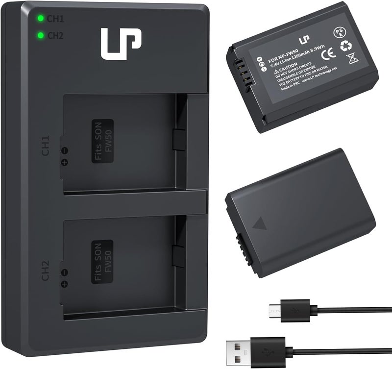 L & P NP-FW50 Battery Charger Pack, 2-Pack Battery & Dual Slot Charger for Sony Alpha A6000, A6400, A6100, A6300, A6500, A5100, A5000, A7, A7II, A7R, A7RII, A7R2, A7S, A7SII, A7S2, RX10 RX10II ZV-E10 - Image 1